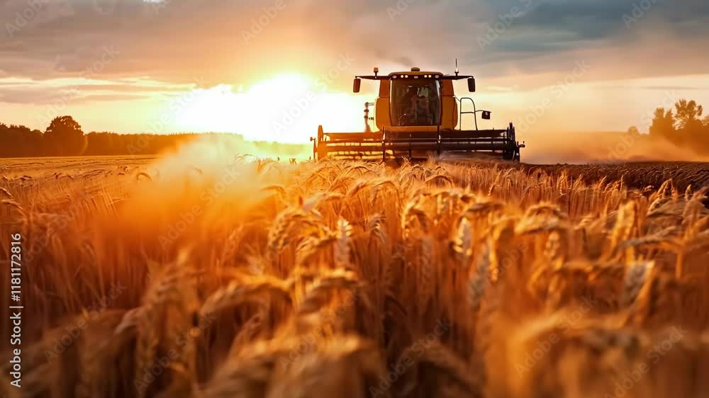 Golden wheat field being harvested by a combine at sunset, creating a picturesque rural scene Golden wheat field being harvested by a combine at sunset, creating a picturesque rural scene
