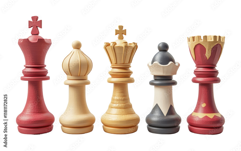 Artistic representation of chess pieces in red and gold plasticine studio high fidelity creative design close-up isolated on transparent background png Artistic representation of chess pieces in red and gold plasticine studio high fidelity creative design close-up isolated on transparent background png