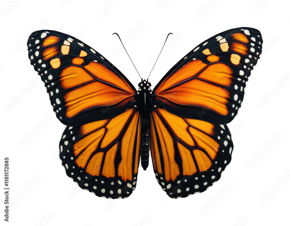 Fototapeta premium Majestic monarch butterfly displaying vibrant colors in nature high fidelity isolated on transparent background png