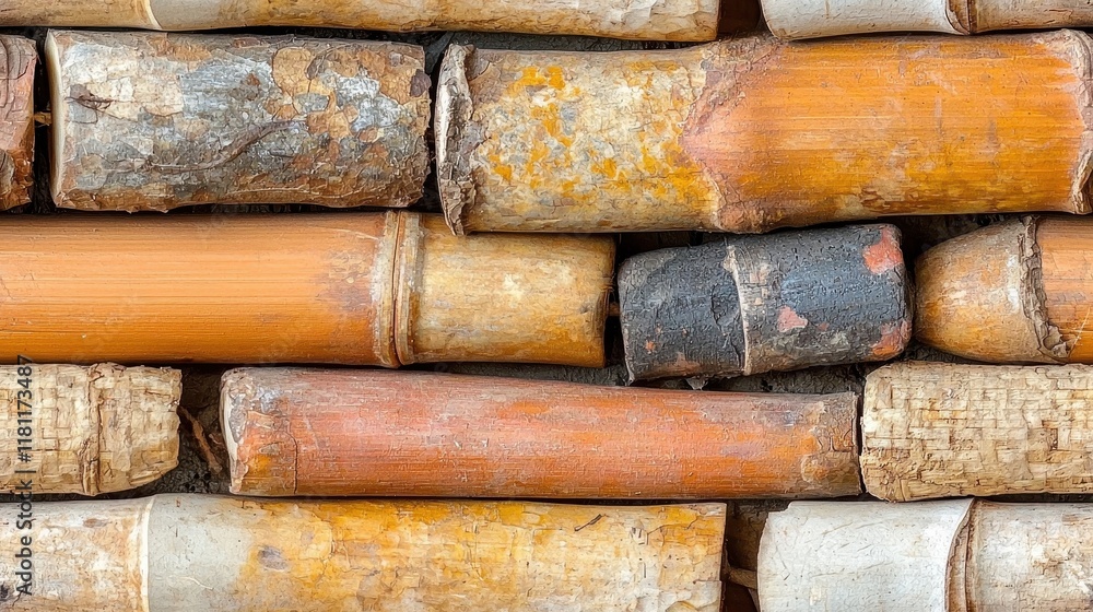 Textured Stack of Weathered Bamboo and Wood Poles Rustic Natural Background Textured Stack of Weathered Bamboo and Wood Poles Rustic Natural Background