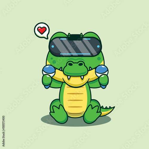 Crocodile playing virtual reality cartoon vector illustration