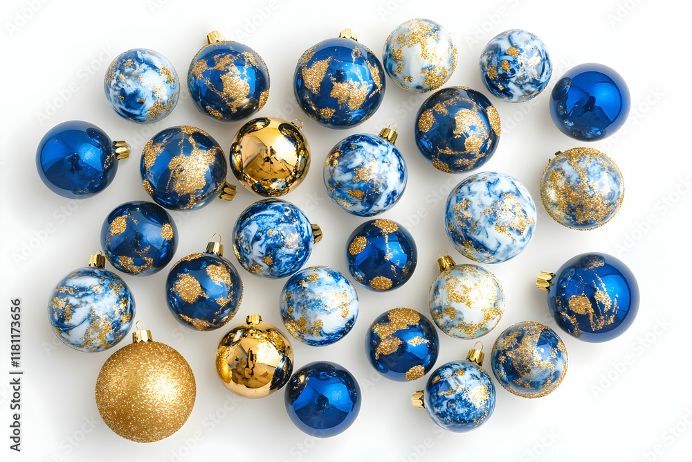 Elegant display of blue and gold Christmas balls on a white backdrop for holiday design Elegant display of blue and gold Christmas balls on a white backdrop for holiday design