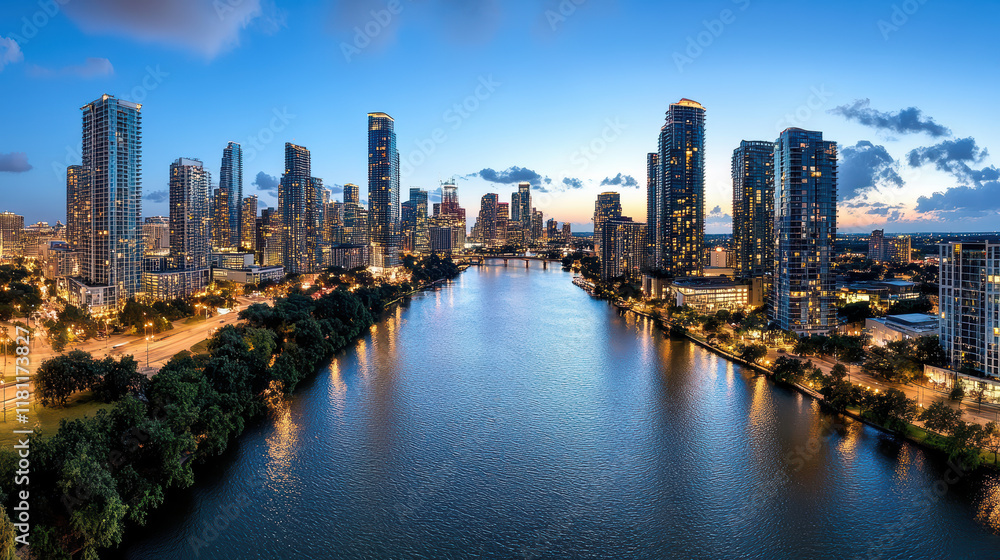 Fototapeta premium stunning city skyline at night with vibrant lights reflecting on water