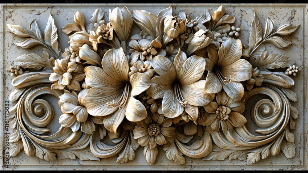 Intricate Stone Carving: A Detailed Floral Relief Sculpture, Elegant and Classic Home Decor, Vintage Antique Design, Botanical Art Intricate Stone Carving: A Detailed Floral Relief Sculpture, Elegant and Classic Home Decor, Vintage Antique Design, Botanical Art