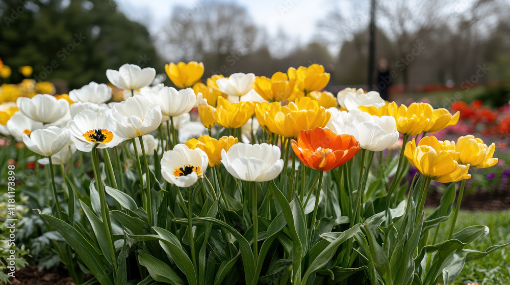 Obraz premium Vibrant tulip garden with yellow, white, and orange flowers in bloom