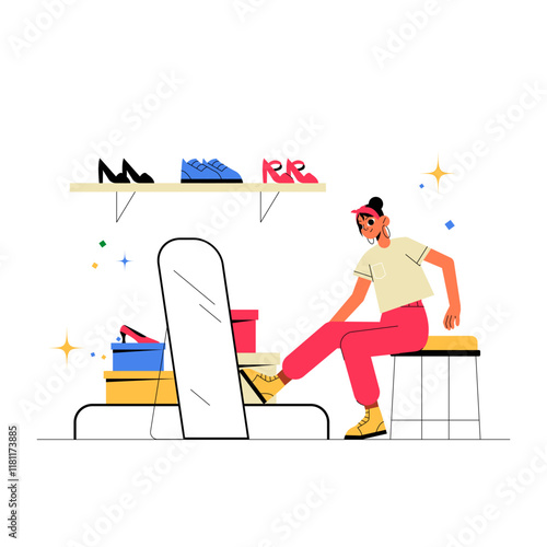Woman Trying On Shoes In A Store With Mirror And Shelves In Flat Vector Illustration Symbolizing Fashion Shopping, Style Selection, And Retail Experience, Isolated On White Background.