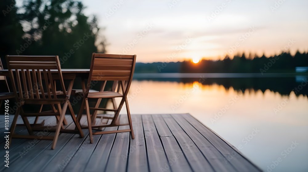 Fototapeta premium sunset lake dock chairs table calm peaceful - relaxation
