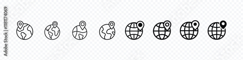 Way vector icon, Globe web icon and location pin. Planet earth icon set with pointer pin. Globe and location icon, pin on globe icon
