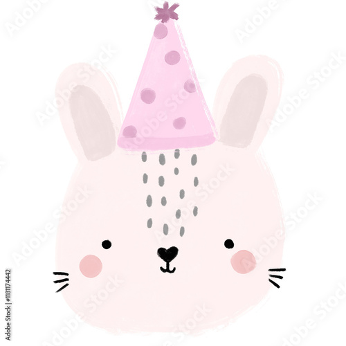 Cute baby rabbit bunny wearing pink purple birthday party hat crayon watercolor scandinavian jungle forest animals illustration png transparent nursery cutout clipart digital planner sticker