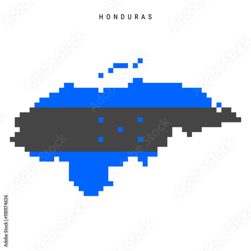 Honduras pixel flag map icon. 8 bit pixel art Honduran map covered with flag. Flat vector illustration isolated on white background.