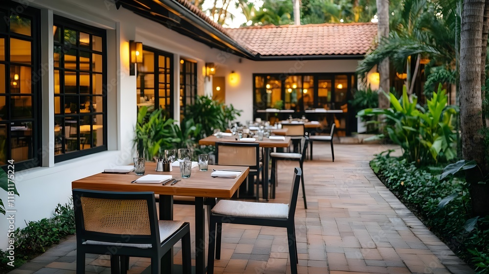 tranquil outdoor restaurant patio scene - lush greenery and natura. tranquil outdoor restaurant patio scene - lush greenery and natura.