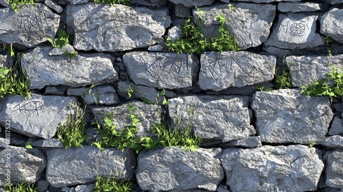 Rustic Grey Stone Wall Texture with Weathered Stones and Green Plants
