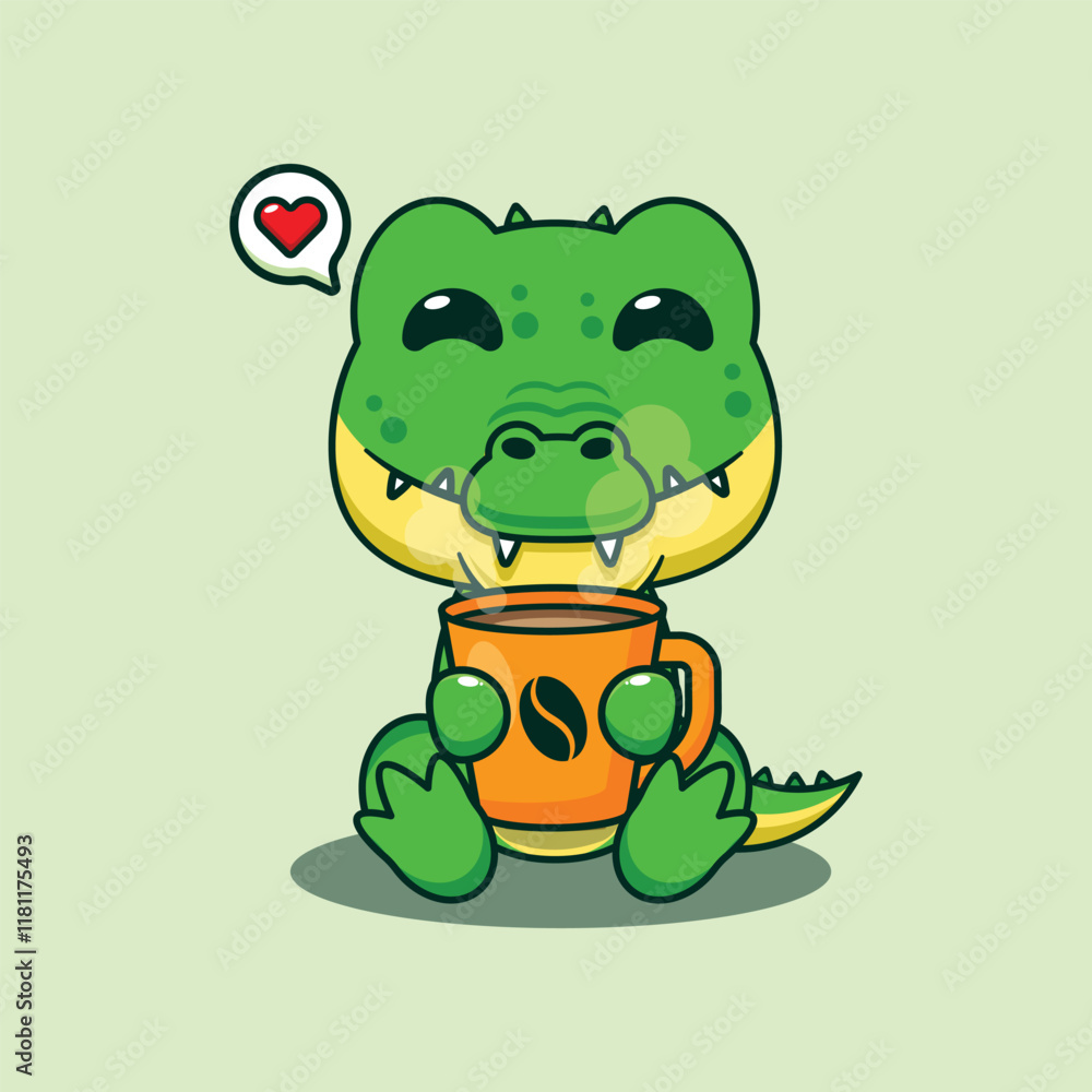 Fototapeta premium Crocodile with hot coffee cartoon vector illustration