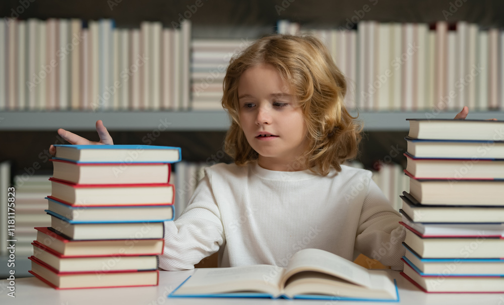 Kid reads books in the library. Schoolboy with book in school library. Literature for reading. Kid reads books in the library. Schoolboy with book in school library. Literature for reading.