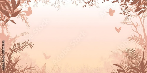 Peachy sunset forest scene, butterflies, nature background. Ideal for cards.