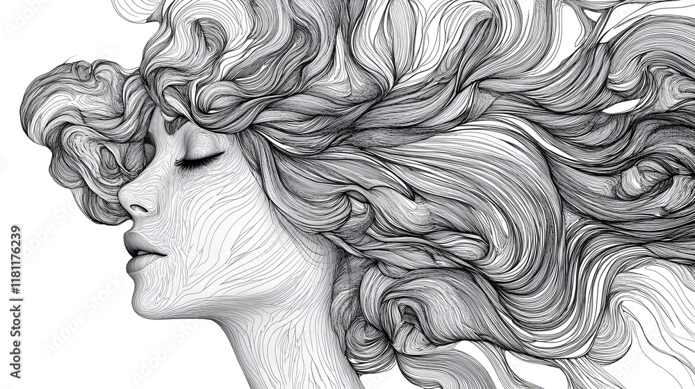 Serene Lines: A grayscale illustration of a woman's face, her eyes closed in peaceful contemplation, framed by intricately detailed, flowing hair rendered in a linear style. Serene Lines: A grayscale illustration of a woman's face, her eyes closed in peaceful contemplation, framed by intricately detailed, flowing hair rendered in a linear style.