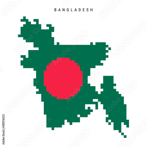 Bangladesh pixel flag map icon. 8 bit pixel art Bangladeshi map covered with flag. Flat vector illustration isolated on white background.