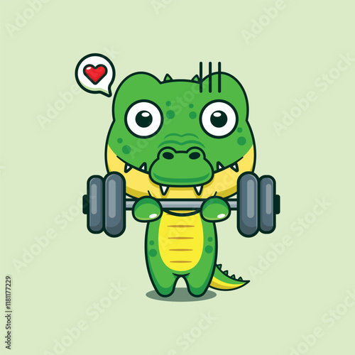 Crocodile lifting barbell cartoon vector illustration