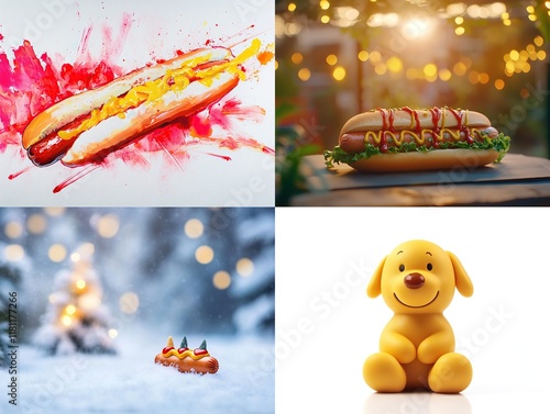 Collage of hot dogs, winter scene, and puppy. photo