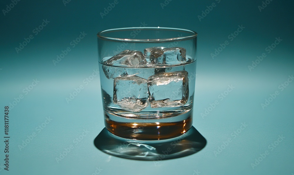 Glass of ice water on blue background, simple refreshment concept. Glass of ice water on blue background, simple refreshment concept.