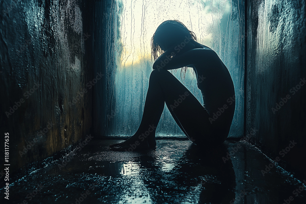 A solitary figure sitting in an empty, dark room, hunched in despair with rain outside, reflecting the emotional burden and isolation of depression. A solitary figure sitting in an empty, dark room, hunched in despair with rain outside, reflecting the emotional burden and isolation of depression.