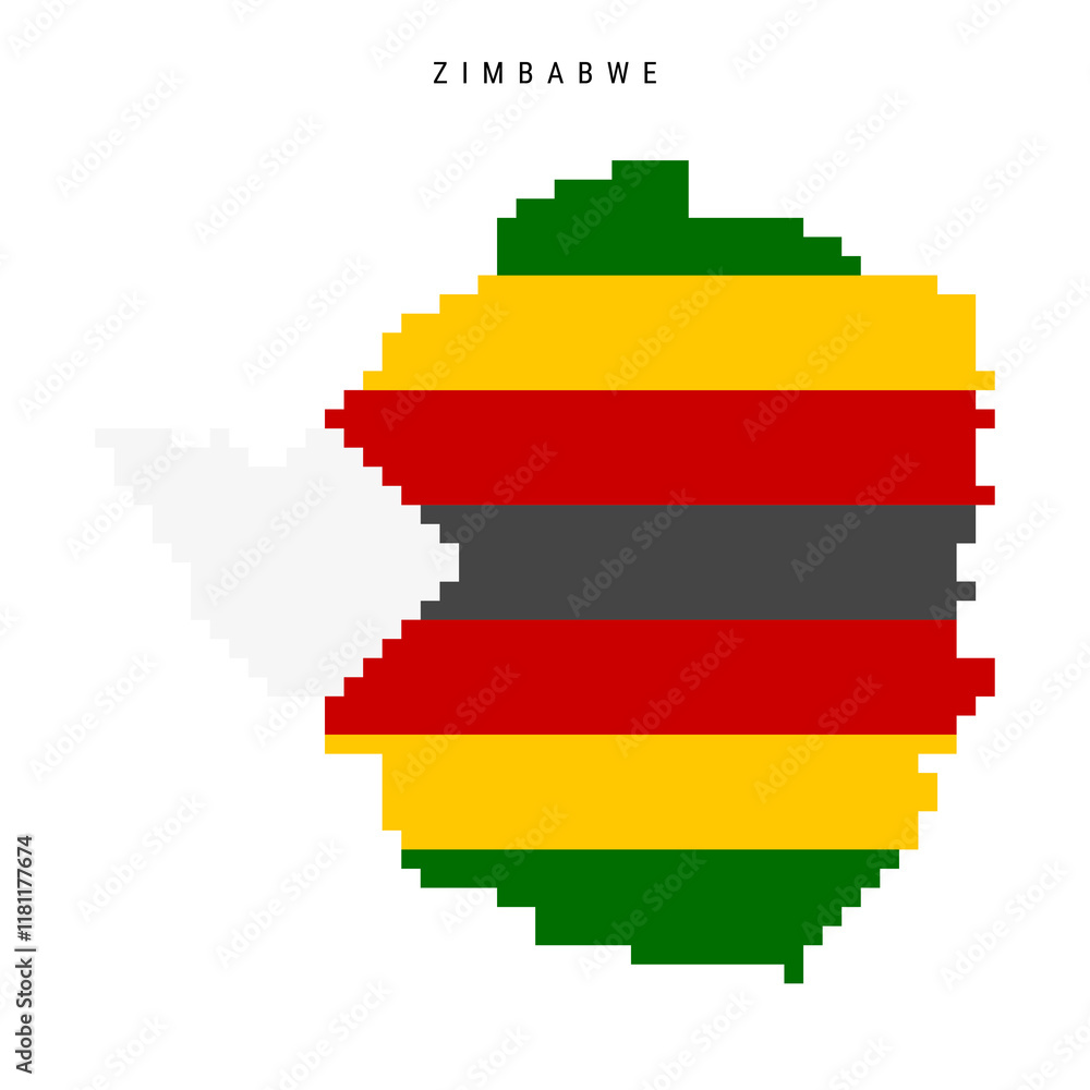 Zimbabwe pixel flag map icon. 8 bit pixel art Zimbabwean map covered with flag. Flat vector illustration isolated on white background. Zimbabwe pixel flag map icon. 8 bit pixel art Zimbabwean map covered with flag. Flat vector illustration isolated on white background.