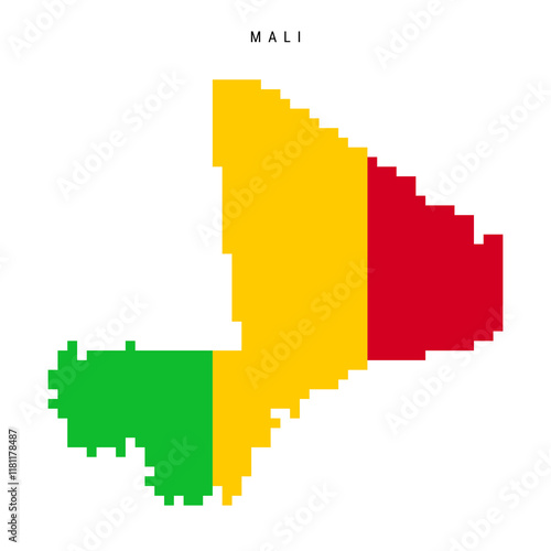 Mali pixel flag map icon. 8 bit pixel art Malian map covered with flag. Flat vector illustration isolated on white background.