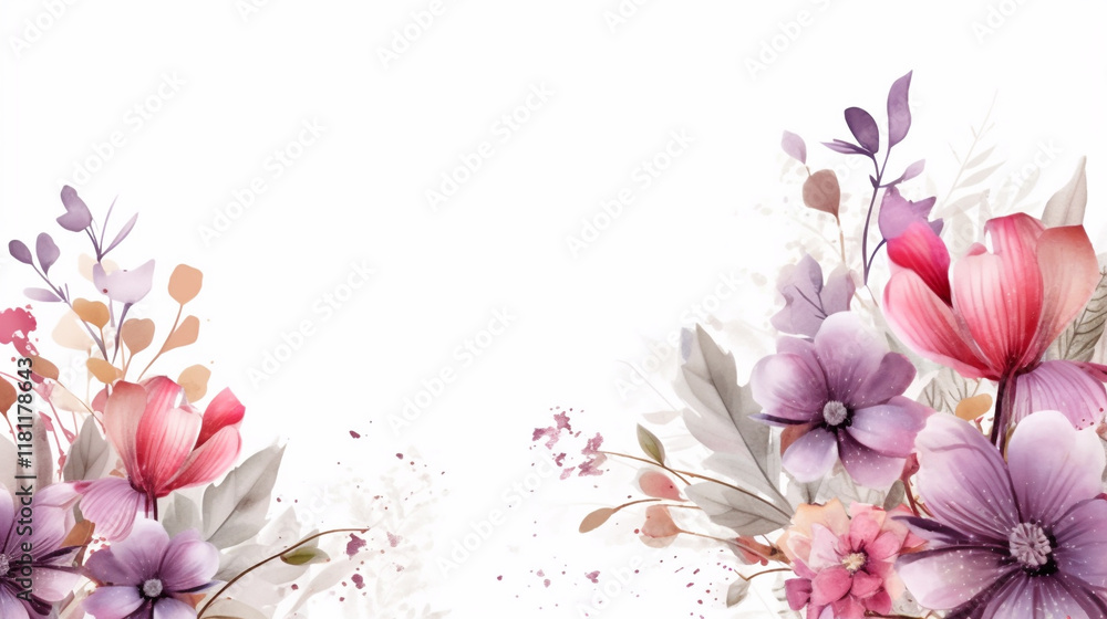 Fototapeta premium Watercolor arrangement of soft brown and burgundy roses with glitter line leave Cherry tree blossom in Japan. Branch with pink buds and flowers close up shot.