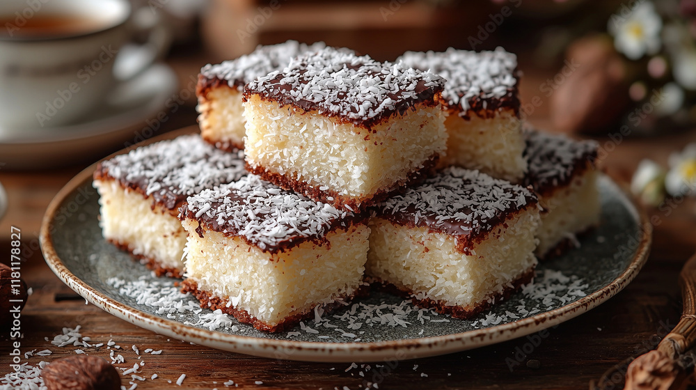 A delightful stack of Lamington cakes served on a plate, showing the soft sponge inside, paired with a cup of tea in a cozy afternoon tea setting.