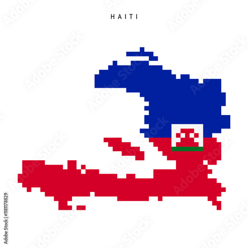 Haiti pixel flag map icon. 8 bit pixel art Haitian map covered with flag. Flat vector illustration isolated on white background.