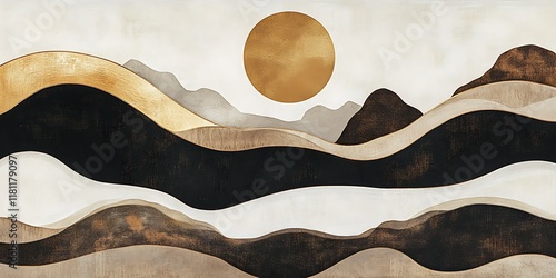 Abstract mountain landscape art print; sun, hills, tranquil scene; home decor.