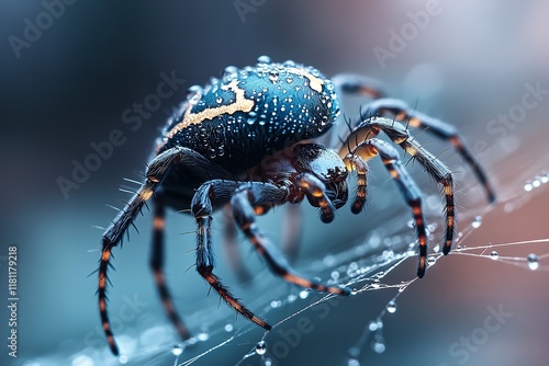 A spider is seen resting on its web, adorned with drops of water from the morning dew. The intricate patterns of its body shine under gentle light, highlighting its natural beauty and habitat photo