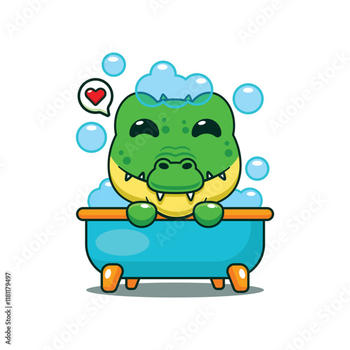 Crocodile taking bubble bath in bathtub cartoon vector illustration