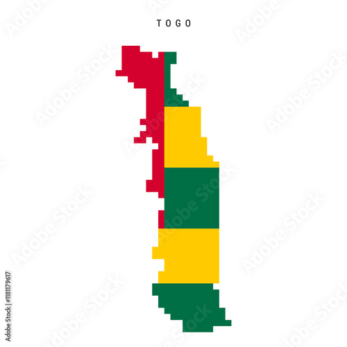 Togo pixel flag map icon. 8 bit pixel art Togolese Republic map covered with flag. Flat vector illustration isolated on white background.