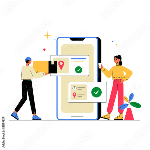 Delivery Service App With Male And Female Characters In Flat Vector Illustration Symbolizing Logistics, Order Tracking, And Shipment, Isolated On White Background.