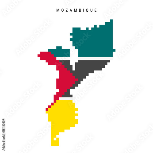 Mozambique pixel flag map icon. 8 bit pixel art Mozambican map covered with flag. Flat vector illustration isolated on white background.