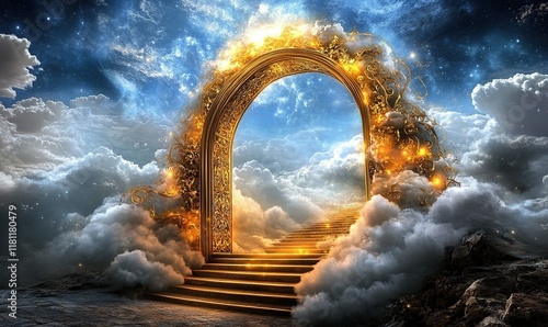 Golden gate in clouds with stairs, heavenly scene.