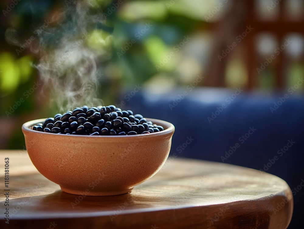 Steaming Bowl of Black Beans on Wooden Table Steaming Bowl of Black Beans on Wooden Table