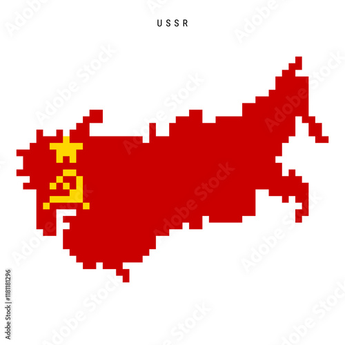 Soviet Union pixel flag map icon. 8 bit pixel art USSR map covered with flag. Flat vector illustration isolated on white background.