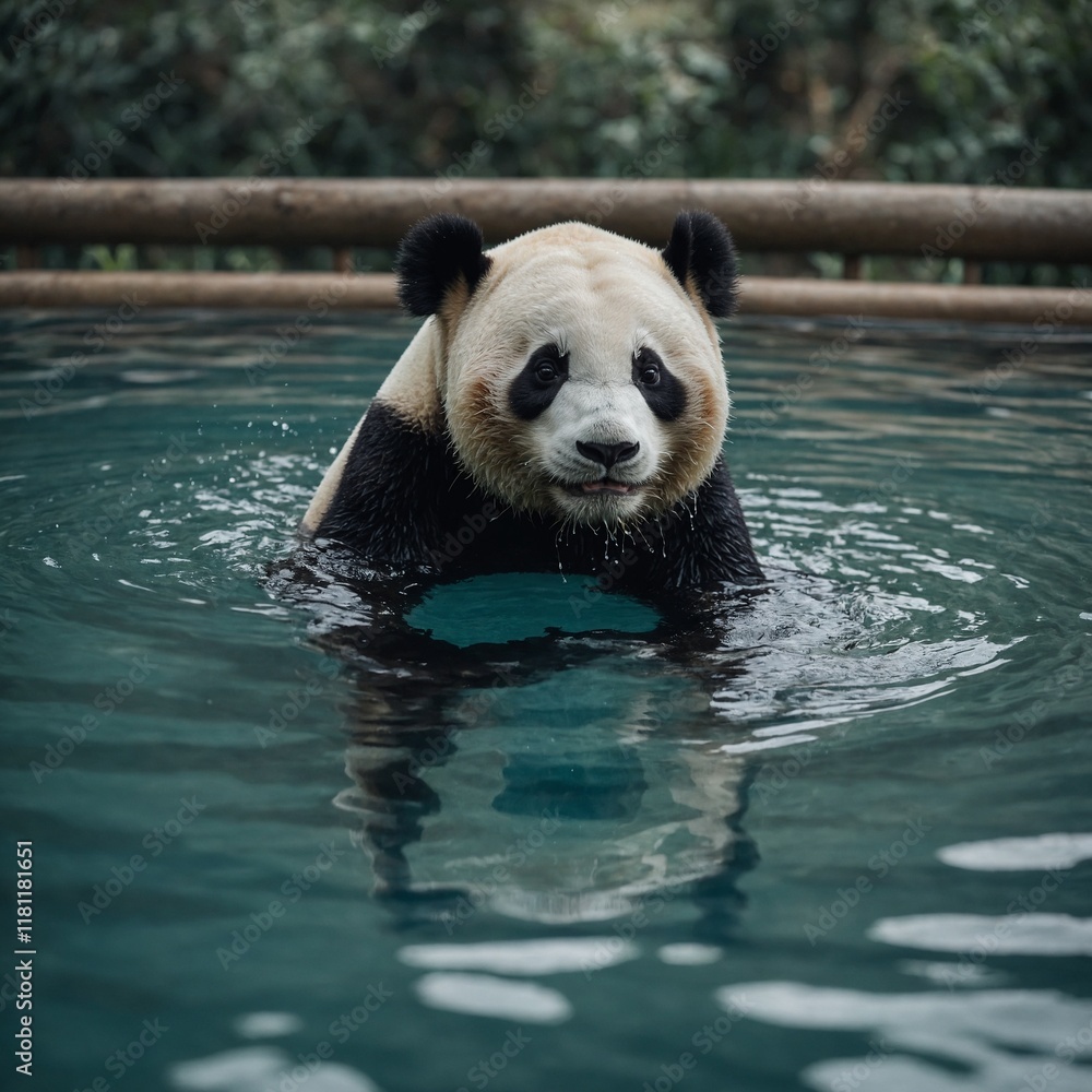Fototapeta premium A panda swimming in a small pool.
