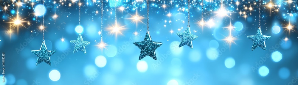 Glimmering blue christmas background with festive stars and soft bokeh lights sparkling Glimmering blue christmas background with festive stars and soft bokeh lights sparkling