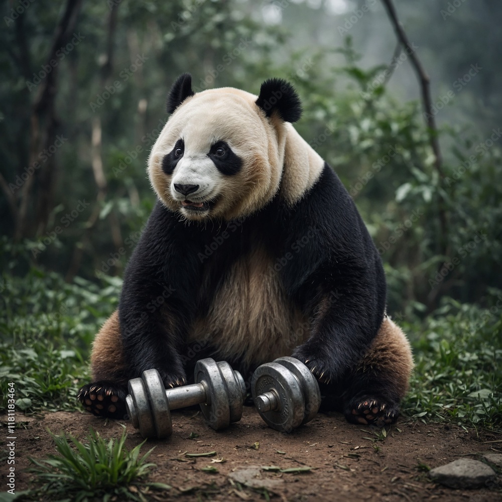 Fototapeta premium A panda in workout gear lifting tiny dumbbells.