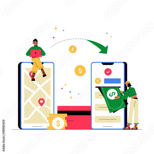 Mobile Payment Transfer Between Two Smartphones With Characters In Flat Vector Illustration Symbolizing Digital Transactions, Money Transfer, And Finance, Isolated On White Background.
