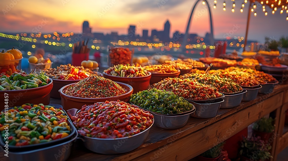 Fototapeta premium Colorful St Louis food festival setup featuring iconic regional dishes displayed on a wooden table with the Gateway Arch glowing in the distance