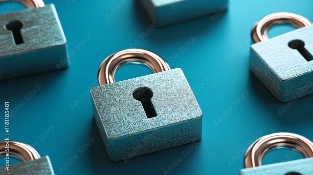 Closeup of multiple padlocks on a vibrant blue backdrop, security and protection concept Closeup of multiple padlocks on a vibrant blue backdrop, security and protection concept
