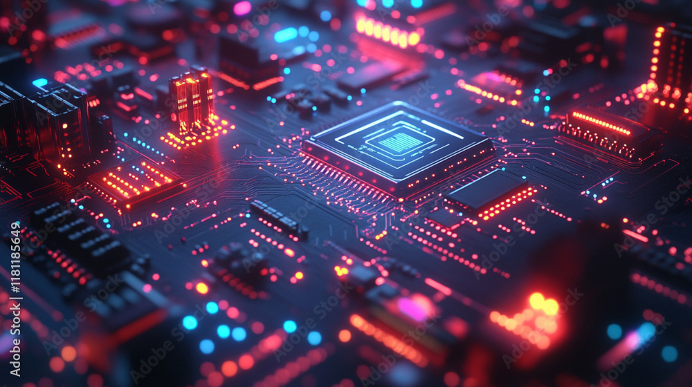 A computer chip with a red and blue background A computer chip with a red and blue background