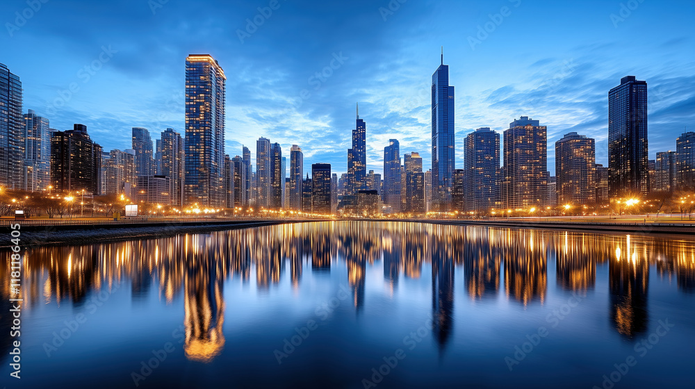 Fototapeta premium Stunning city skyline at dusk with reflections on water
