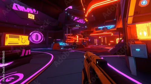 Neon-lit futuristic interior,  a stylized,  video game scene with glowing,  bright colors,  and  futuristic architecture. photo