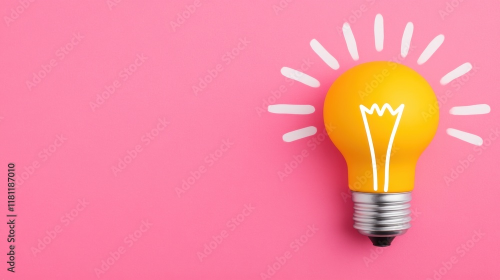 Bright Yellow Light Bulb on Pink Background with Creative Design Bright Yellow Light Bulb on Pink Background with Creative Design