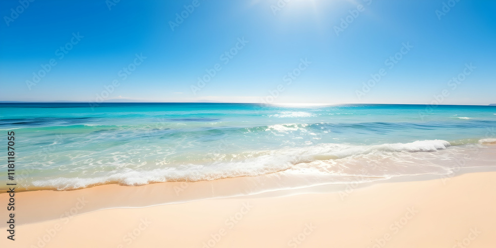 Obraz premium Pristine tropical beach, crystal clear turquoise water, white powdery sand, calm ocean waves, bright blue sky, fluffy white clouds, horizon line, paradise destination, serene landscape, summer 